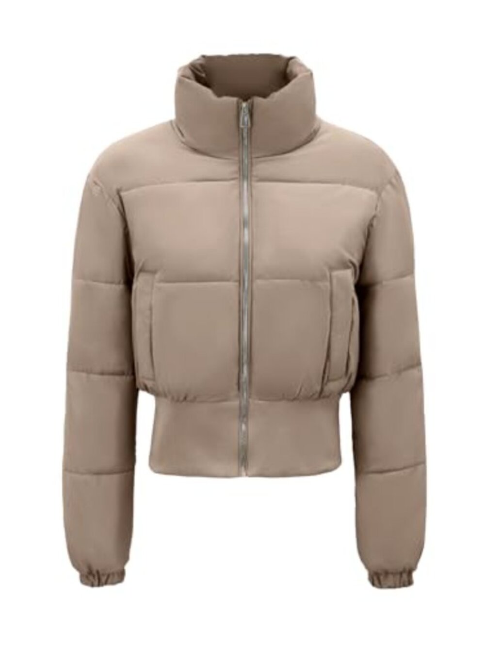 Womens Cropped Puffer Jacket Long Sleeve Quilted Winter Coat with Pockets